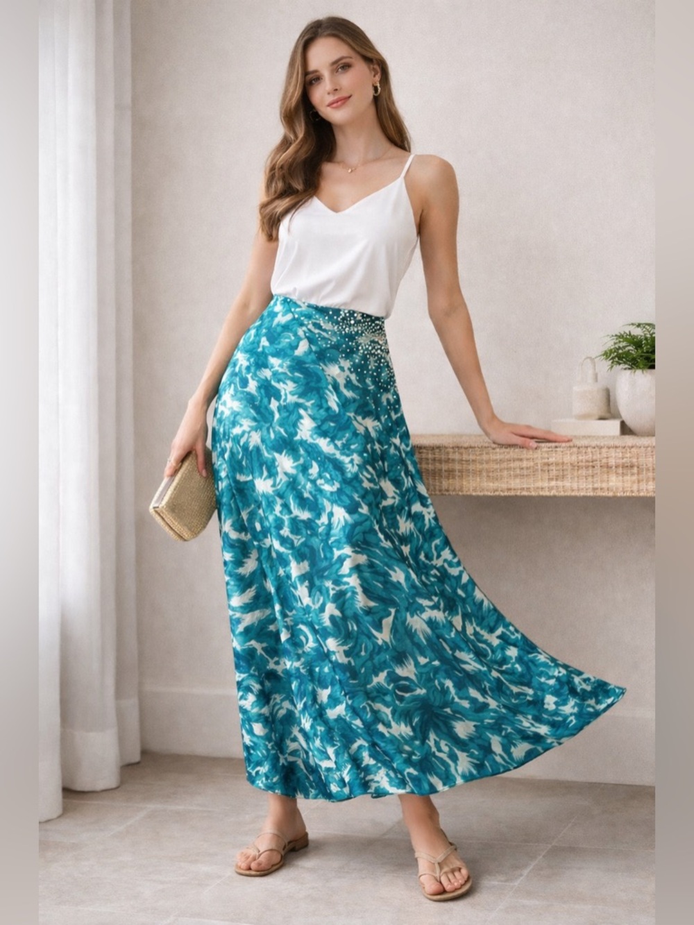 Anthropologie Silk Maxi Skirt Teal Floral Beaded Side Slit Lined Size 2